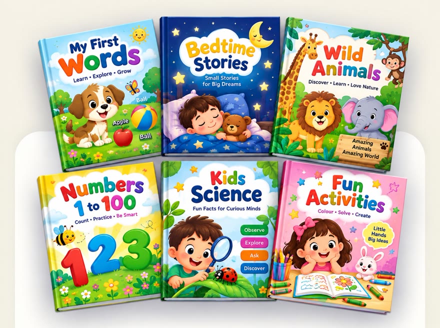 Sample children's titles — first words, bedtime stories, wild animals, numbers, kids' science and activity books.
