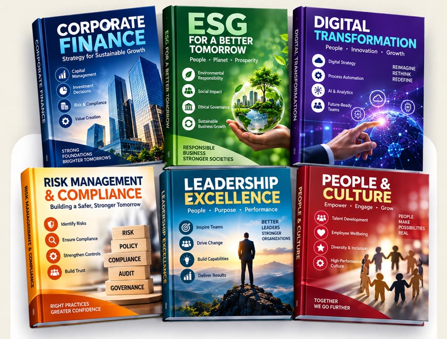 Sample corporate titles — corporate finance, ESG, digital transformation, risk and compliance, leadership and people and culture.