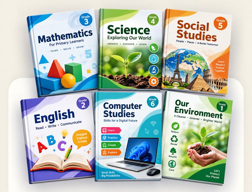 Sample educational titles — primary Mathematics, Science, Social Studies, English, Computer Studies and Environment textbooks.