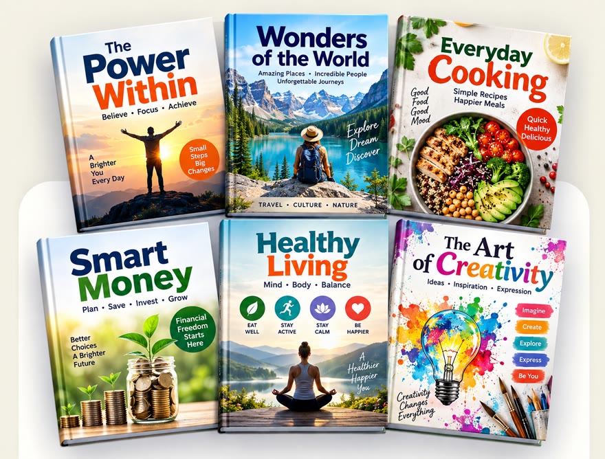 Sample general titles — self-help, travel, cookery, personal finance, wellbeing and creativity.