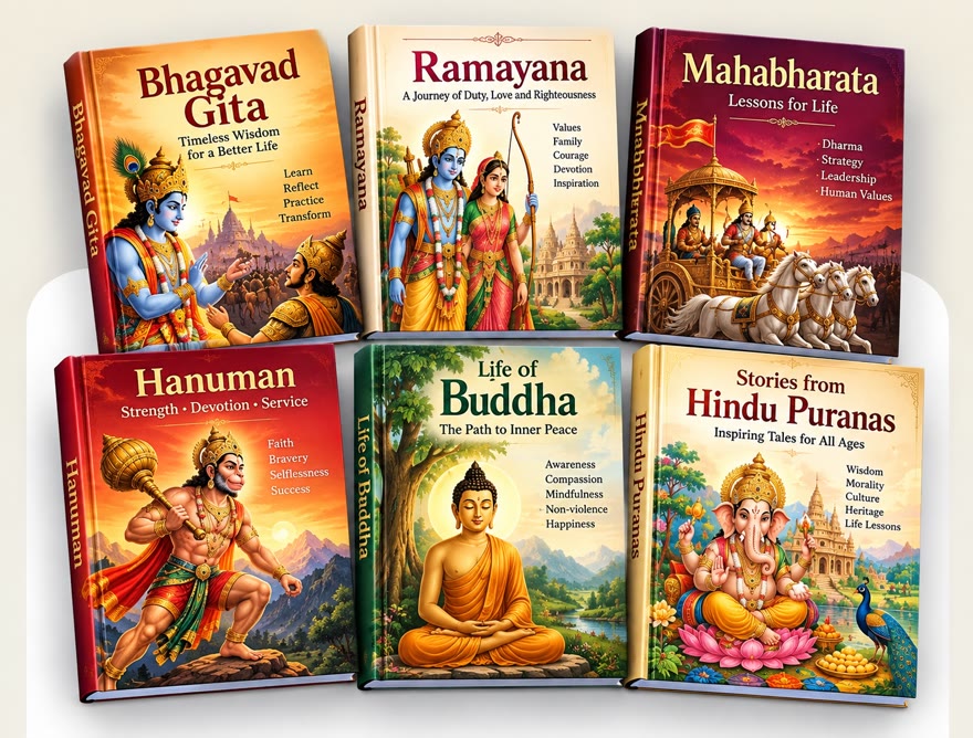 Sample devotional titles — Bhagavad Gita, Ramayana, Mahabharata, Hanuman, Life of Buddha and stories from the Hindu Puranas.