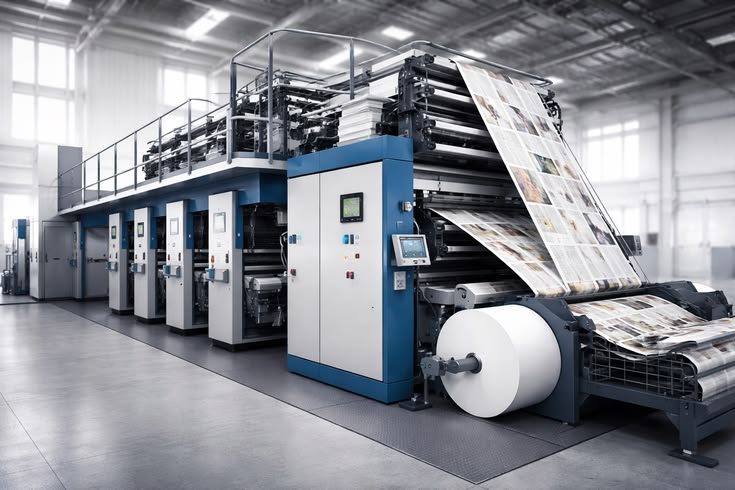 A web-fed offset press running a continuous paper web through the folder tower.
