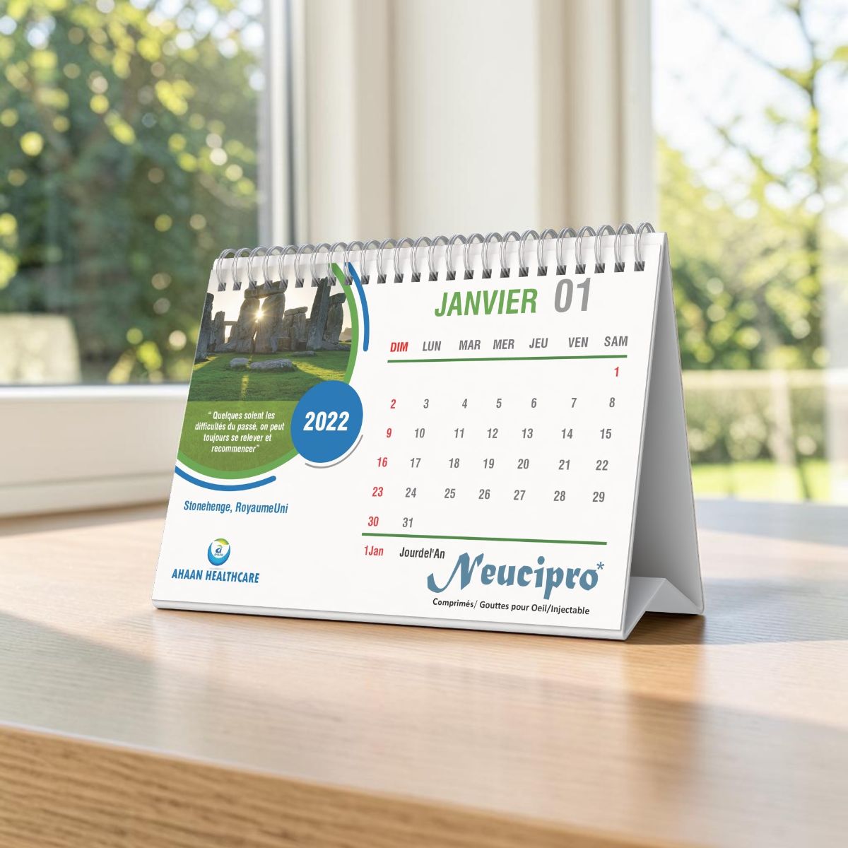 A wiro-bound desk calendar.